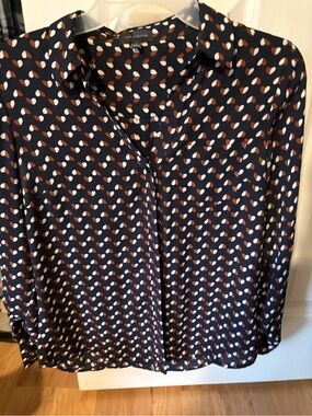The Limited Navy Printed Collared Blouse - Navy with White & Rust Dot Pattern